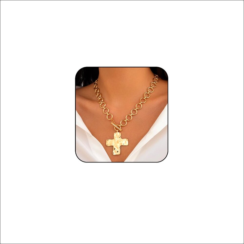 Chunky Cross Pendant Necklace, Layered Statement Jewelry, Toggle Clasp